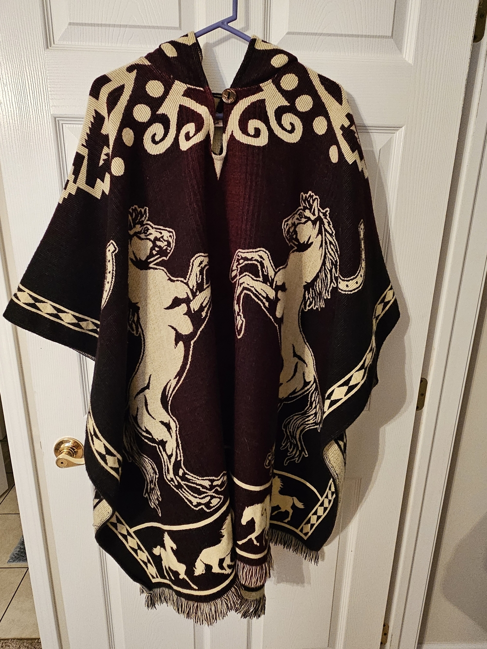 Equestrian Pattern Hooded Poncho Sweater - Brown & Cream